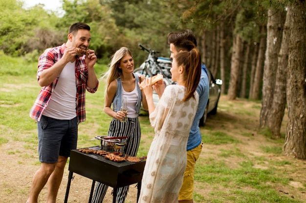 Group of young people enjoying barbecue party in the nature