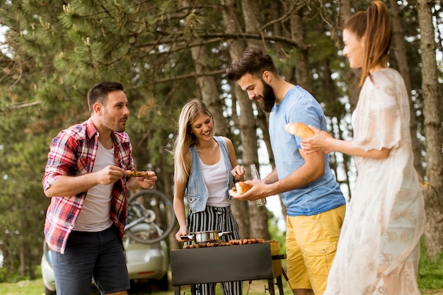 Group of young people enjoying barbecue party in the nature