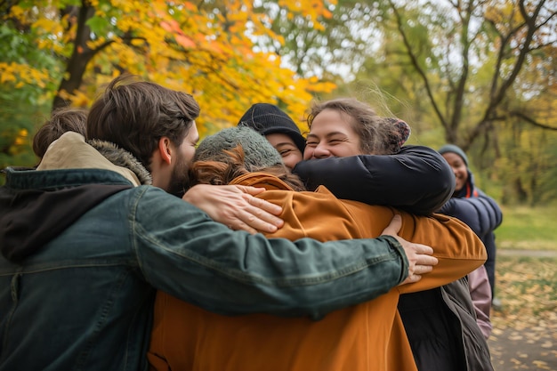 Photo group of young people is enjoying a beautiful autumn day in the park hugging and laughing together