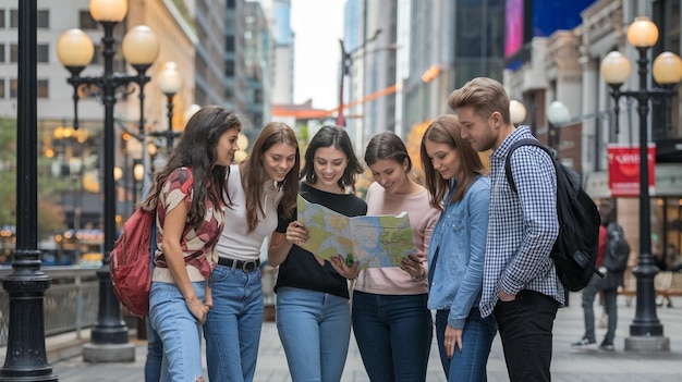 a group of young people looking at a map