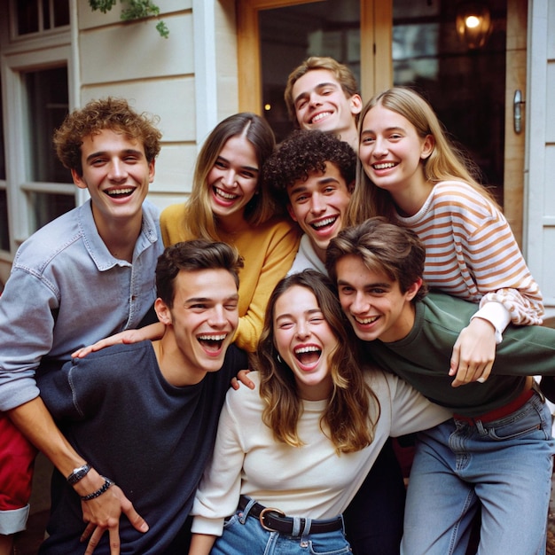 a group of young people posing for a photo with one wearing a yellow shirt that sayss