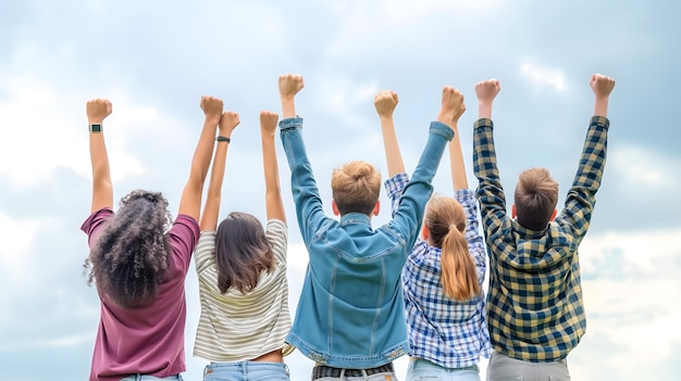 Photo group of young people showing unity and success with raised arms