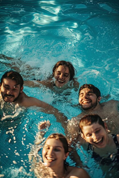 Group of young people swimming in the pool of a hotel during summer vacations