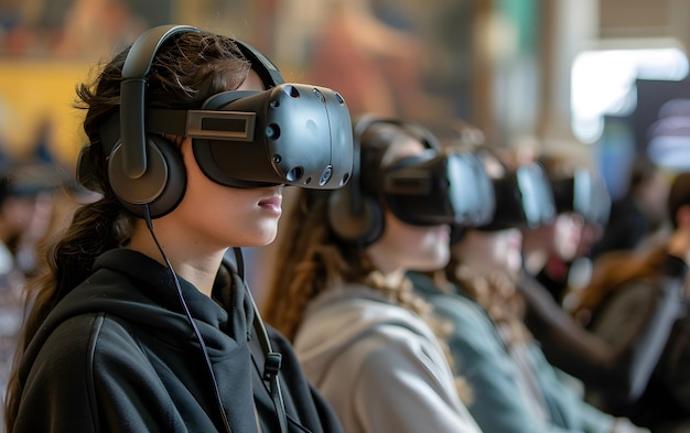 Group of young people using virtual reality headsets in an immersive experience showcasing the future of technology and digital interaction