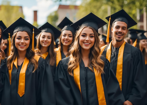 Group of young people wearing a bachelors cap on the street