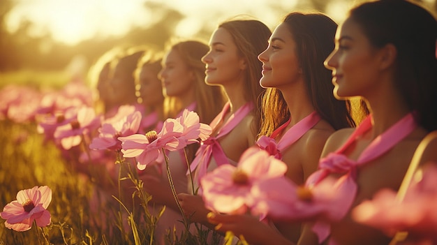 Photo a group of young people with flowers in the foreground