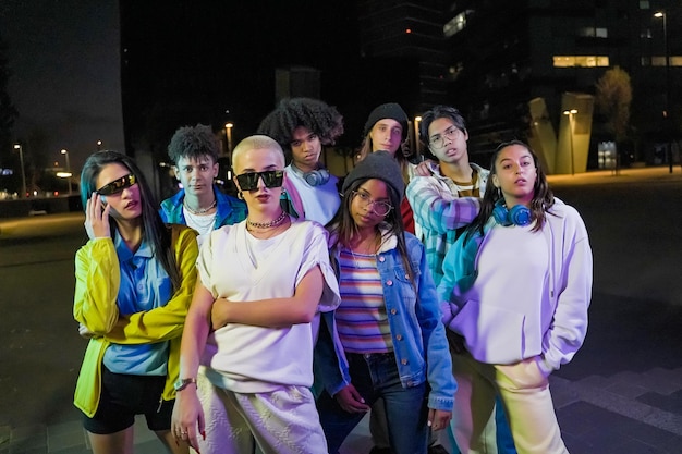 Group of young people with modern outfits in the street at night looking to the camera