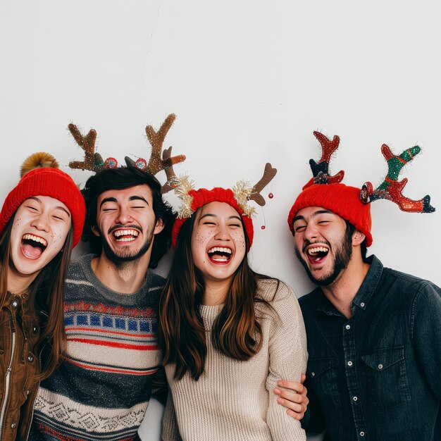 Group of young people with reindeer antlers and hats celebrating festive season