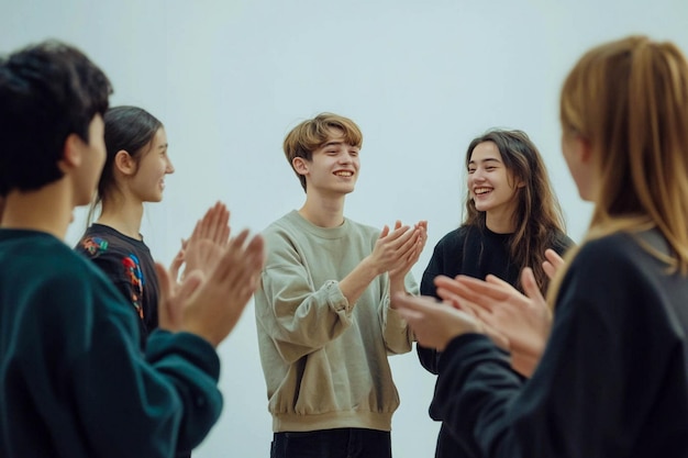 Photo a group of young people with their hands in the air