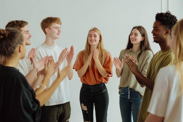 Photo a group of young people with their hands in the air