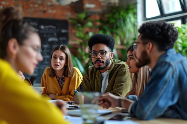 Photo a group of young professionals are having a meeting in a modern office they are sitting around a table talking and listening to each other