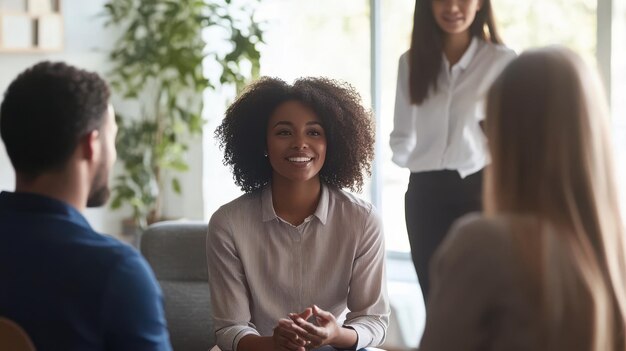 Group of young professionals engaging in conversation in a bright modern office space during a team meeting