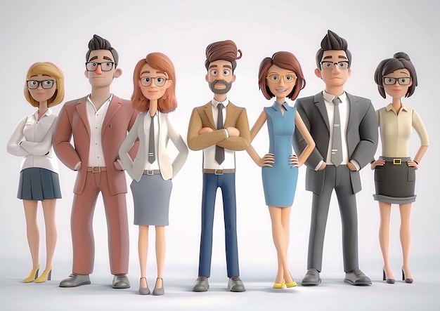 Group of young professionals standing confidently white backdrop 3D cartoon animation