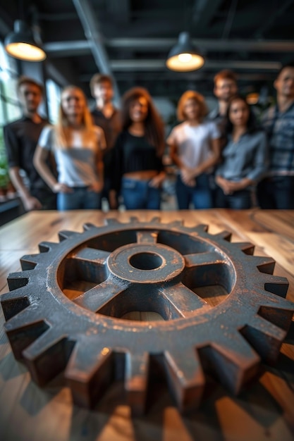 A group of young professionals standing behind a large gear on a wooden table in a modern industrial office environment