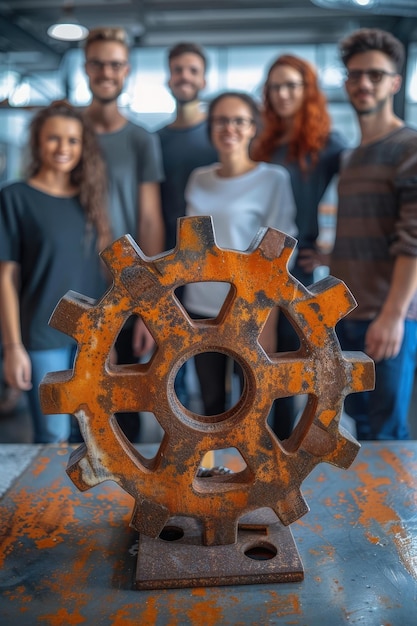 A group of young professionals standing in a modern office with a rusty gear sculpture in the foreground symbolizing teamwork and innovation