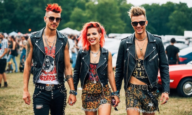 Photo group of young punk fans enjoying live band at summer music festival outdoors vibrant youth culture with edgy fashion energetic atmosphere