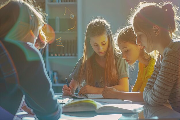 Photo group of young students tutoring and catching up workbook together