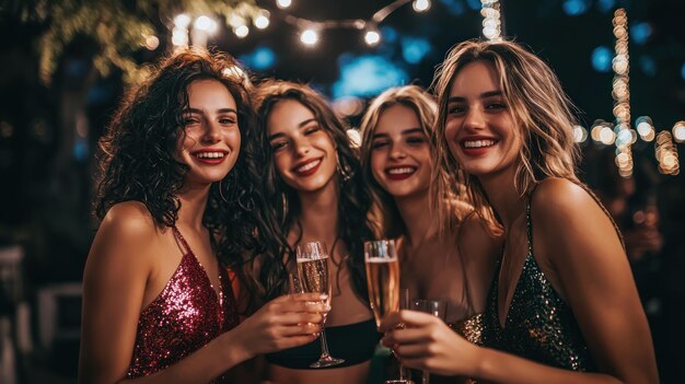 Photo a group of young women enjoying a night out dressed in party attire