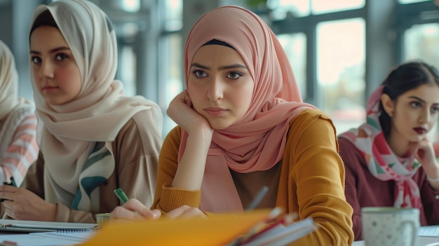 A group of young women gathered around a table perhaps enjoying conversation and camaraderie