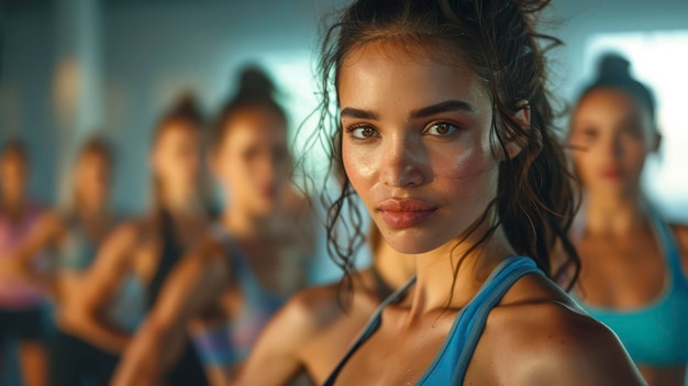 Photo a group of young women in a gym engaged in a fitness class focused and determined highlighting their