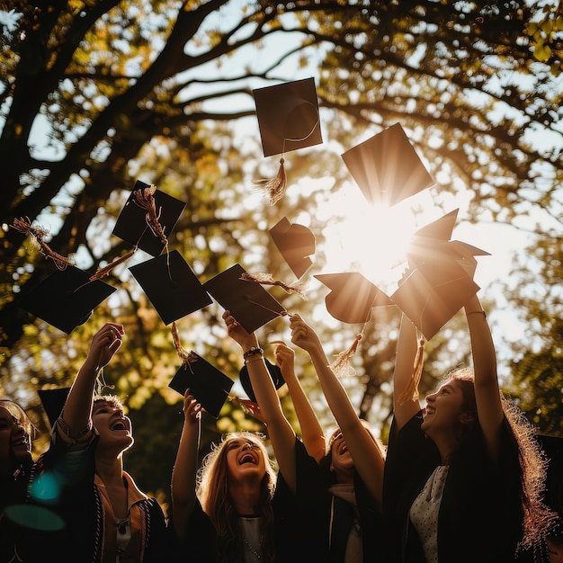 Photo a group of young women holding their hats and throwing their caps into the air