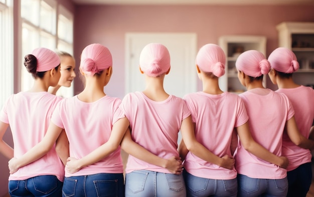 Group of young women in Pink TShirt Breast cancer day Generative AI