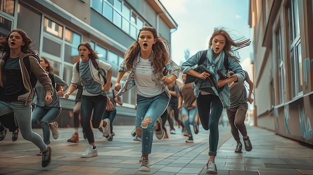 a group of young women running down a street