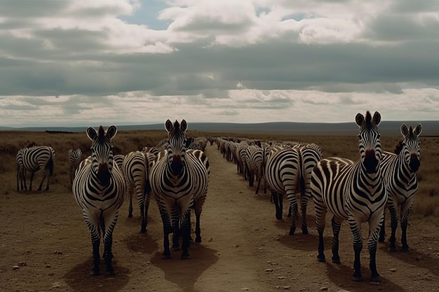 A group of zebras are standing on a dirt road.