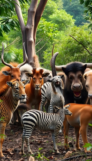 Photo a group of zebras are standing in a field