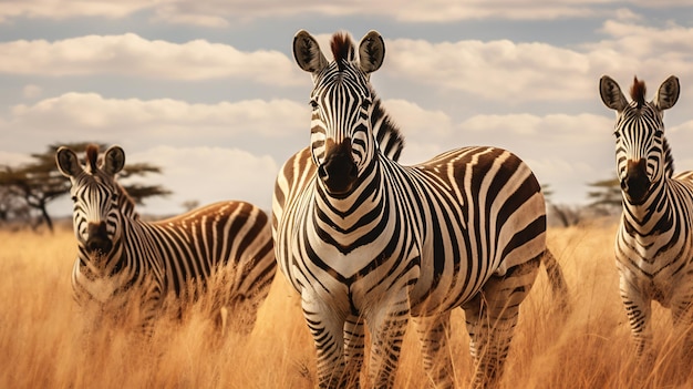 A group of zebras grazing in a grassy savannah