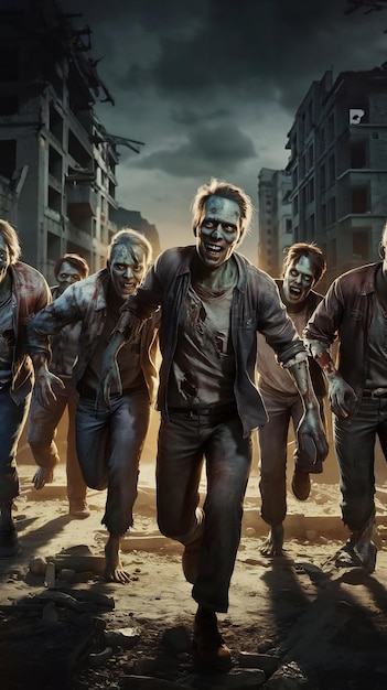 Photo a group of zombies are running in a dark scene