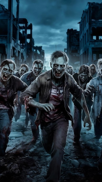 Photo a group of zombies are running in a dark scene