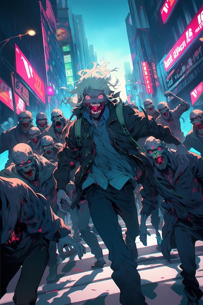 A group of zombies in the streets of Tokyo anime style