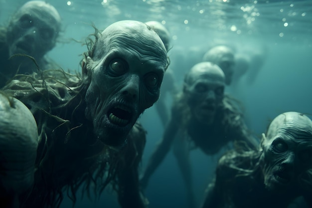 Group of zombies underwater neural network generated photorealistic image