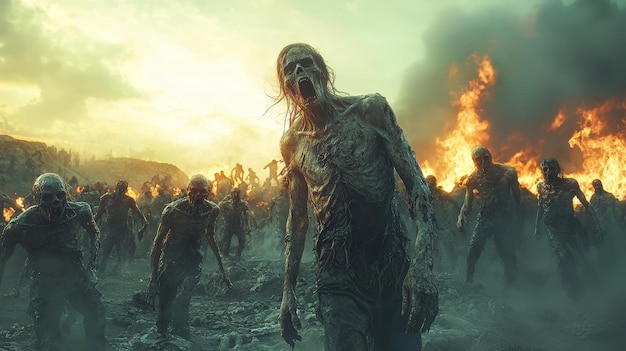 A group of zombies walking through a field of fire