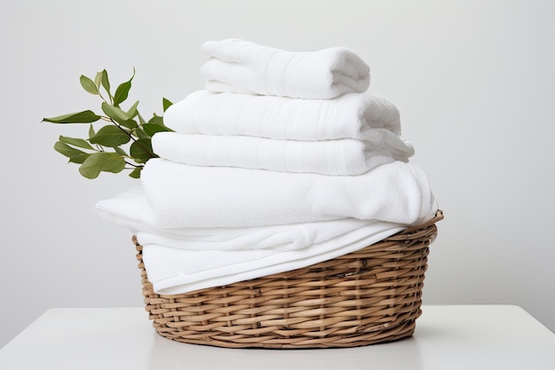 A grouping of white spa towels placed inside a basket set against a white backdrop