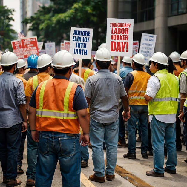 Photo groups of labor protesting in the workplace strikes of workers demanding labor rights national labor day