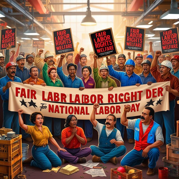 Photo groups of labor protesting in the workplace strikes of workers demanding labor rights national labor day