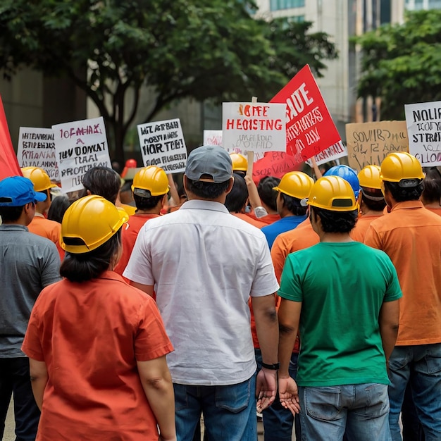 Photo groups of labor protesting in the workplace strikes of workers demanding labor rights national labor day