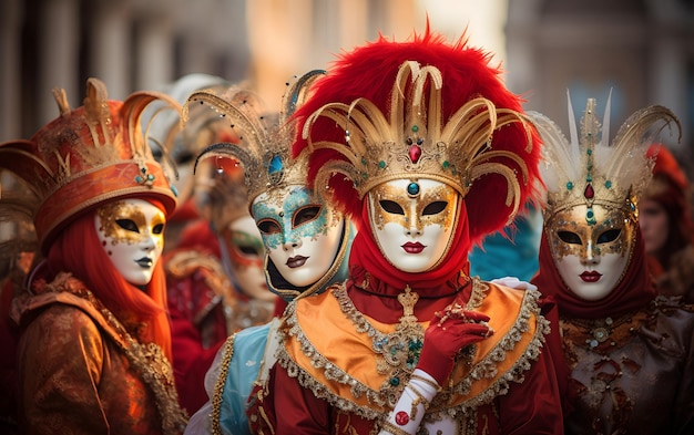 groups of people in Costumes colorful carnival masks