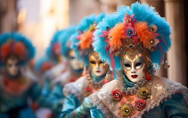 groups of people in Costumes colorful carnival masks