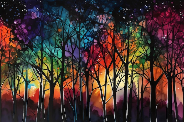 A grove of neoncolored trees at night digital art illustration