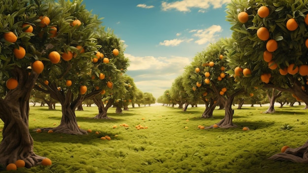 A grove of orange trees in a field of green grass