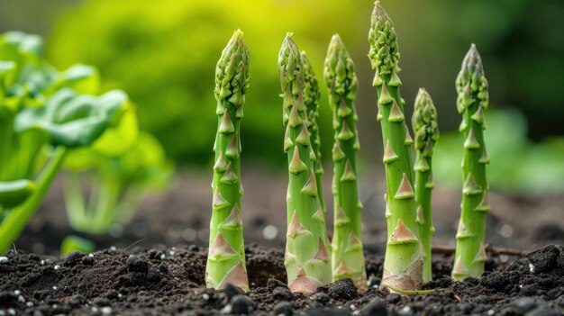 Growing asparagus sprouts Background with green pods of asparagus growing in open ground