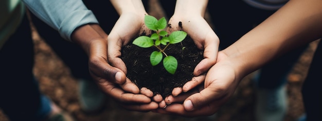 Growing a greener business Shot of a group of hands holding a plant growing out of soil