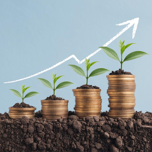 Photo growing investments represented by coin stacks with young plants showing financial growth