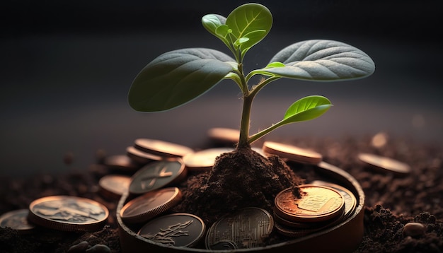 Growing Money Plant On Coins Finance And Investment Concept Generative ai