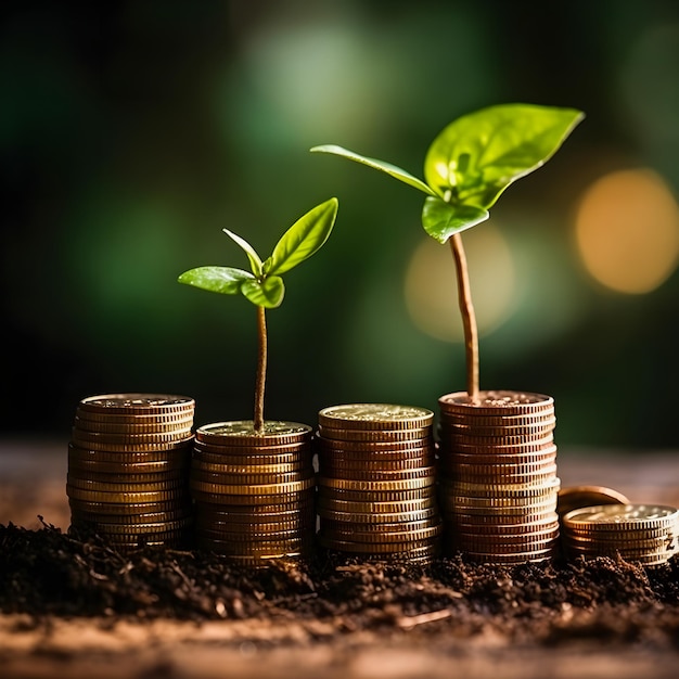 Growing Money Seedlings Sprout on Coin Stacks Illustrating the Concept of Financial Growth