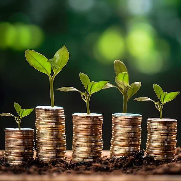 Growing Money Seedlings Sprout on Coin Stacks Illustrating the Concept of Financial Growth