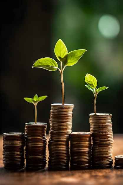 Growing Money Seedlings Sprout on Coin Stacks Illustrating the Concept of Financial Growth